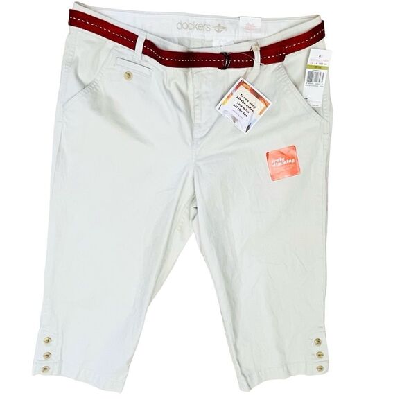 NEW Dockers Ivory Capri Cropped Maroon/Belted Pants Truly Slimming Stretchy 14 - Picture 1 of 15